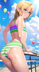 ai_generated ass_focus balloon big_ass big_butt blonde_hair blue_eyes crop_top curvaceous curvy curvy_figure femboy from_below girly grabbing_own_ass huge_ass link nai_diffusion novelai ocean pier pov stable_diffusion striped_panties the_legend_of_zelda wet wet_body