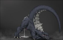 after_sex ambiguous_gender anthro ass black_border blush bodily_fluids border cum cum_on_butt genital_fluids godzilla godzilla_(series) inflation inflation jack-o'_pose leaking_cum milothedevious pose scalie solo toho