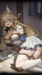 1girls armor big_breasts blonde_hair blue_eyes blush bridget_(isekai_slow_life) caught embarrassed floor game_cg garter_belt garter_belt_leggings garter_straps head_wings isekai_slow_life knee_pads knight lace looking_at_viewer on_the_floor panicking panties princess shoulder_pads