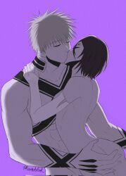 1boy 1girls ass bleach female hand_on_ass ichigo_kurosaki kissing kuchiki_rukia male monochrome tatoos