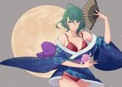 1girls dead_or_alive dead_or_alive_xtreme_venus_vacation fan female female_only green_eyes green_hair japanese_clothes konishiki_(52siki) lingerie medium_breasts moon short_hair solo solo_female tamaki_(doa) tecmo