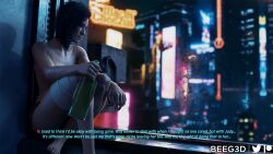 1girls 3d beeg3d breasts cd_projekt_red cyberpunk_2077 drinking english_text feet female female_focus female_only light-skinned_female panties solo solo_female text topless topless_female v_(cyberpunk_2077) valerie_(cyberpunk_2077) wholesome