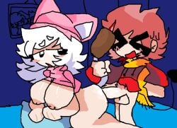 angela_(el_cherry) big_breasts catgirl cattail_(pvz) cherry_(el_cherry) cum_inside doggy_style duo el_cherry hat pink_hair plants_vs_zombies pleasure_face sex white_hair