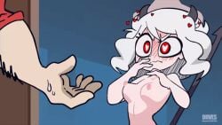 1boy 1girls animated blush cute_fang demon demon_girl diives erect_nipples heart heart-shaped_pupils helltaker holding_hands_is_lewd human male modeus_(helltaker) nude nude_female patreon red_eyes watermark