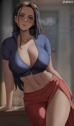 1girls black_hair blue_eyes breasts cleavage clothed dialogue english_text female female_only hi_res indoors large_breasts light-skinned_female light_skin long_hair nico_robin one_piece oroborusart post-timeskip sarong savagexthicc sunglasses text thick_thighs