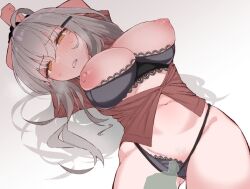 angry arm_up arms_up bdsm black_bra black_panties blush bondage bound bound_arms bound_wrists bra bra_pull breasts brown_shirt clenched_teeth female forced gangut_(kantai_collection) grey_hair hair_between_eyes hair_ornament hairclip kantai_collection large_breasts long_hair lying nipples on_back open_clothes open_mouth open_shirt orange_eyes panties scar scar_on_cheek scar_on_face shiawase_hougan shirt skirt sweat underwear very_long_hair