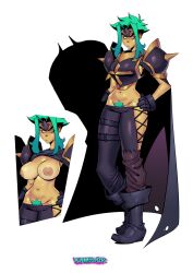 armor black_armor black_boots black_gloves blue_hair boots breasts breasts breasts gloves hand_on_hip low_cut_pants nipples paladin pubic_hair revealing_armor revealing_outfit topless unconvincing_armor xamrock