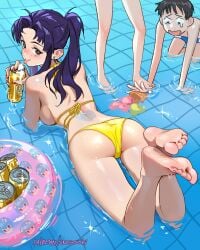 ass back beer brown_eyes bullying feet feet_up female female_focus foot_fetish foot_focus in_water legs misato_katsuragi neon_genesis_evangelion painted_nails piercing pool purple_hair shinji_ikari snegovski swimsuit toes tongue_out wet wet_body wet_clothing wet_panties wet_skin yellow_clothing