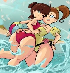 black_hair blue_eyes braces breasts brown_hair eye_closed kemono_killer looking_at_viewer luan_loud lynn_loud nickelodeon red_swimsuit smile smiling smiling_at_viewer squeezing_breast squeezing_butt swimsuit the_loud_house white_skin yellow_swimsuit