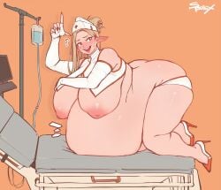 1girls bbw belly belly_bed big_belly big_breasts blonde_hair blush breasts fat female high_heels huge_belly hyper_pregnancy nipples nurse pointy_ears pregnant ready_to_pop solo spellsx sweat