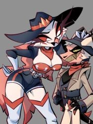 1boy 1boy1girl 1girls artist_request big_breasts blush breasts cowboy cowboy_hat cowgirl female helluva_boss imp male owl_demon red_sclera shorter_male stella_(helluva_boss) striker_(helluva_boss) tagme taller_female taller_girl yellow_sclera