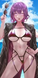 1girls bikini breasts cleavage eyewear_removed female glowing_eyes hand_on_hip honkai:_star_rail honkai_(series) huge_breasts kafka_(honkai:_star_rail) light-skinned_female light_skin long_hair looking_at_viewer naughty_face outdoors purple_eyes purple_hair sunglasses_removed thighs uenoryoma