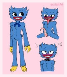 ahe_gao blue_body bowtie collar huggy_wuggy looking_to_the_side poppy_playtime sharp_teeth spiked_collar tail tentacle_dick xskullart yellow_feet yellow_hands