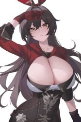 alternate_breast_size amber_(genshin_impact) arm_up blush breasts brown_eyes brown_hair cleavage collarbone female genshin_impact gloves hair_between_eyes hair_ribbon highres huge_breasts kaneko_(bblogtinhan) long_hair long_sleeves looking_at_viewer red_gloves red_ribbon ribbon shrug_(clothing) solo white_background