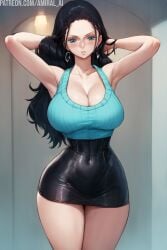 1girls ai_generated amiral_ai armpits arms_up black_hair blue_eyes breasts clothed female female_only hips huge_breasts light-skinned_female light_skin long_hair miniskirt nico_robin one_piece post-timeskip presenting_armpit slim_waist thick_thighs thighs wide_hips