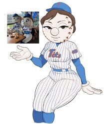 1girls baseball_cap baseball_uniform brown_hair curvy hourglass_figure mascot mrs._met reference_image reference_inset sitting zigzaglewds