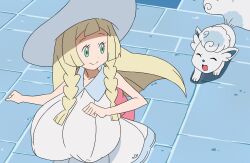 accurate_art_style alolan_vulpix big_breasts blonde_hair breasts_bigger_than_torso clothed conscious female female_only game_freak huge_breasts inverted_nipples lillie_(pokemon) nintendo nipple_bulge nipples_visible_through_clothing pokemon pokemon_(species) ringosu33 screencap screenshot screenshot_edit solo vulpix