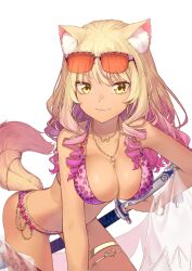 1girls bent_over big_breasts bikini blonde_hair cleavage coffeekite fate/grand_order fate_(series) female fox_ears fox_girl fox_tail glasses katana kemonomimi large_breasts long_hair smile solo suzuka_gozen_(fate) suzuka_gozen_(swimsuit_rider)_(fate) swimsuit sword tagme tan_body yellow_eyes