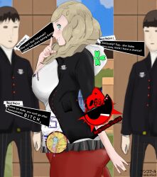 1girls 2boys ann_takamaki big_breasts blonde_hair blue_eyes clothing condom cum cum_in_pussy cum_inside female full_womb impregnation_risk long_hair persona persona_5 thick_ass thick_thighs tight_clothing tight_pants twintails used_condom wankofool x-ray