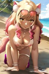 1girls all_fours beach big_breasts blonde_hair fate/grand_order fate_(series) female_pubic_hair fox_ears fox_girl glasses gyaru long_hair looking_at_viewer outdoors smile suzuka_gozen_(fate) suzuka_gozen_(swimsuit_rider)_(fate) tagme tan_body xkzan