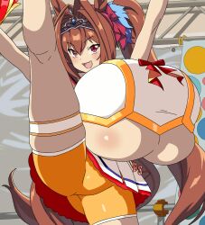 big_breasts breasts_bigger_than_head breasts_bigger_than_torso brown_hair cheerleader clothed daiwa_scarlet_(umamusume) female female_only flesh_fang horse_ears huge_breasts hyper_breasts leg_up no_bra ringosu33 umamusume underboob