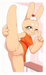 absurd_res anthro anus biped border bottomless clothed clothing female genitals hi_res keki_(kekitopu) kekitopu lagomorph leporid mammal one_eye_closed pussy rabbit raised_leg solo splits standing_on_one_leg standing_split tan_body vertical_splits white_border