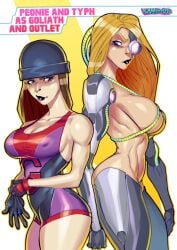 big_breasts blonde_hair blue_eyes brown_hair functionally_nude functionally_nude_female gloves hat large_breasts leotard mechanical_arms mechanical_eye mechanical_legs purple_eyes skimpy_outfit xamrock