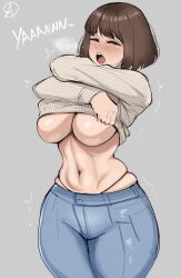 1girls almualim big_breasts blue_pants blush bottomwear breasts brown_hair closed_eyes english english_text female female_only hair hips huge_breasts kim_sohee_(almualim) mature mature_female mature_woman milf mother motion_lines open_mouth original original_character pants shirt short_hair solo solo_female steam steamy_breath taking_clothes_off text thick_thighs thighs topwear underboob undressing white_shirt wide_hips yawn yawning