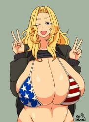 1girls american_flag_bikini big_breasts blonde_hair busty cleavage enormous_breasts female female_only flag_bikini flag_print flag_print_bikini girls_und_panzer huge_breasts kay_(girls_und_panzer) large_breasts massive_breasts one_eye_closed open_mouth peace_sign shirt_up solo solo_female solo_focus suna_ponz wink winking_at_viewer