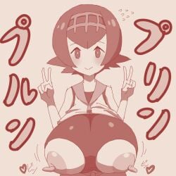 big_breasts big_nipples breasts_bigger_than_torso clothed double_v female female_only game_freak gigantic_breasts huge_breasts lana_(pokemon) monochrome nintendo nipple_cutout pokemon pokemon_sm red_theme ringosu33 solo v