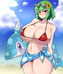 1girls beach bikini female finizen green_hair huge_breasts norori outside pokemon pokemon_sv red_eyes solo touhou yuka_kazami yuuka_kazami