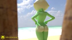 1girls 3d 3d_(artwork) adjusting_clothes ass ass_focus beach blender blonde_hair cartoon_network female_focus from_behind gem_(species) green_skin iamoctopii naked one_piece_swimsuit peridot_(steven_universe) sand solo_female steven_universe swimsuit thighs