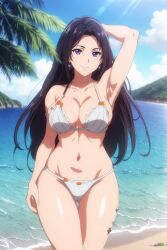 1girls ai_generated armpits beach bikini cattleya_baudelaire cleavage looking_at_viewer ocean palm_tree solo stable_diffusion violet_evergarden water white_bikini