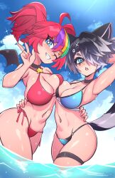 animal_ears bebatch bikini blush breast_squish clothing female gradient_hair grey_hair in_water indie_virtual_youtuber large_breasts legwear multicolored_hair neckwear pale_skin raccoon_ears raccoon_girl raccoon_tail snuffy swimwear tagme tail techycutie v_sign virtual_youtuber vtuber water wide_hips