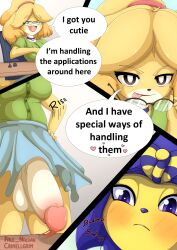 2023 2futas animal_crossing ankha ankha_(animal_crossing) anthro anthro_on_anthro ass better_version_at_source blonde_hair blue_hair blush bottomwear breasts canid canine canis clothing comic crimellgrim domestic_cat domestic_dog duo english_text eyewear felid feline felis full-package_futanari fur futa_on_futa futa_only futanari genitals gynomorph hair hi_res intersex isabelle_(animal_crossing) mammal nachan nintendo page_2 penis penis_under_skirt pleated_skirt round_glasses simple_background skirt smile text tongue tongue_out twitter_sample yellow_body yellow_fur