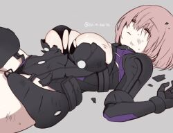 1girls armor big_breasts breasts damaged_clothes defeated defeated_heroine fate/grand_order fate_(series) female female_focus female_only kaita_(mokamilkcup) leotard mash_kyrielight nintendo no_bra shielder_(fate/grand_order) sleeping sweat sweatdrop torn_clothes torn_clothing unconscious