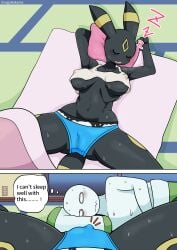 anthro biped black_body bodily_fluids breasts camel_toe cleavage clothed clothing detailed_background duo eeveelution english_text female generation_2_pokemon hi_res lying male nintendo on_back pokemon pokemon_(species) san_ruishin sleeping sweat text thought_bubble umbreon yellow_body