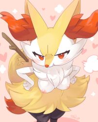 absurd_res angry anthro black_body black_fur braixen breasts cotora female fur generation_6_pokemon hi_res inner_ear_fluff nintendo nipples pokemon pokemon_(species) red_body red_eyes red_fur signature solo tuft white_body white_fur yellow_body yellow_fur