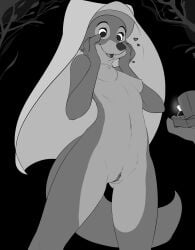 ambiguous_gender anthro anthro_focus breasts canid canine disembodied_hand disney duo excited female female_focus fox front_view genitals greyscale haaru happy headdress headdress_only headgear headgear_only heart hi_res maid_marian mammal monochrome nipples proposal pussy ring_(jewelry) ring_box robin_hood_(disney) smile solo_focus standing