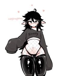 belly black_hair black_legwear blank_background blush blush blush_lines blushing_at_viewer heart heart heart-shaped_pupils heart_eyes hearts_around_head leggings legwear long_hair long_hair_female long_sleeves mistysnugglebug pink_eyes plain_background pointed_ears shiny_legwear sleepy_(mistysnugglebug) thigh_highs thighhighs thighs white_background