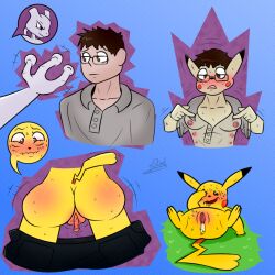 ass blush blushing_profusely bodily_fluids body_blush breast_growth breasts clothing duo ear_growth expansion eyewear female feral gender_transformation generation_1_pokemon genital_fluids genital_transformation genitals glasses glasses_off growth hip_expansion human legendary_pokemon male mammal mewtwo mtf_transformation multi_breast nintendo orgasm orgasm_face penis penis_shrinking pikachu pokemon pokemon_(species) pussy pussy_blush pussy_juice tail tail_growth thebaseballfur transformation translucent translucent_clothing wenzyke