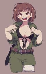 1girls 2d 2d_(artwork) 2d_artwork alternate_universe black_bra boobs bra breasts brown_eyes brown_hair chara color green_clothing hands_on_breasts knife lari_ut looking_at_viewer not_porn stomach swapfell swapfell_chara tagme toby_fox undertale undertale_(series) undertale_au