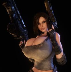 3d 3d_(artwork) alternate_breast_size breasts_bigger_than_head brown_hair bulletstorm electronic_arts epic_games female female_only female_solo firearm gun holding_gun holding_object holding_weapon huge_breasts people_can_fly solo solo_female trishka_novak vaako