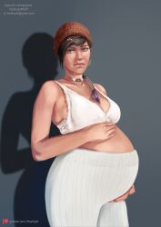 1girls beanie belly big_belly big_breasts black_hair breasts cleavage clothing dark-skinned_female dark_skin female freshlyet gears_of_war kait_diaz latina pregnant