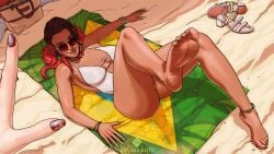 1girls apex_legends ass azuma_yasuo azumaarts big_ass braided_hair braided_twintails brazilian dark-skinned_female dark_skin loba loba_(apex_legends) looking_at_viewer medium_breasts realistic respawn_entertainment swimsuit tanline tanlines tattoo thick_thighs thong