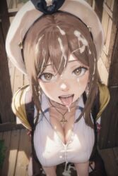 acl_noraai ai_generated atelier_(series) atelier_ryza brown_eyes brown_hair bukkake cleavage cum cum_on_face facial from_above kneeling large_breasts looking_at_viewer reisalin_stout self_upload tongue tongue_out