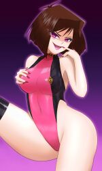 ahoge armpits aura bare_shoulders brown_hair choker corruption evil_smile eyelashes eyeshadow female female_only femsub glowing glowing_eyes gradient_background large_breasts lipstick looking_at_viewer nail_polish pink_background pink_eyes purple_lipstick rubber short_hair smile solo tea_gardner thick thighhighs thighs yamimochi yu-gi-oh!