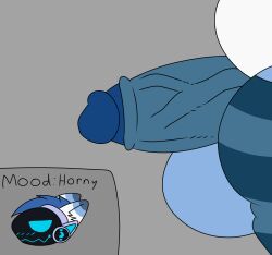 anthro balls belly big_balls big_penis blue_balls blue_body blue_clothing blue_eyes blue_fur blue_glans blue_legwear blue_mouth blue_penis blue_penis_tip blue_thigh_highs blush clothing dark_penis dark_penis_tip darkened_genitalia darkened_glans darkened_penis echo_(kionenarts) foreskin fur genitals glans half-closed_eyes half-erect hi_res hyper kionenarts legwear looking_pleasured machine male male_only narrowed_eyes pattern_clothing pattern_legwear pattern_thigh_highs penis penis_growth protogen protogen_visor retracted_foreskin screen screen_face smile solo striped_clothing striped_ears striped_legwear striped_thigh_highs stripes thick_thighs thigh_highs thigh_highs_only turquoise_thigh_highs vein veiny_penis white_belly