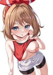 1girls blue_eyes breasts brown_hair female game_freak horny large_breasts light-skinned_female light_skin may_(pokemon) may_(pokemon_oras) medium_hair nintendo nipples one_breast_out parapetto pokemon pokemon_oras thighs