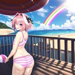 1boy ai_generated ass ass_focus astolfo_(fate) beach big_ass big_butt bulge fate/apocrypha fate/grand_order fate_(series) femboy girly male male_only novelai ocean pier pink_eyes pink_hair pov shorts smile smiling smiling_at_viewer striped_panties wet wet_clothes